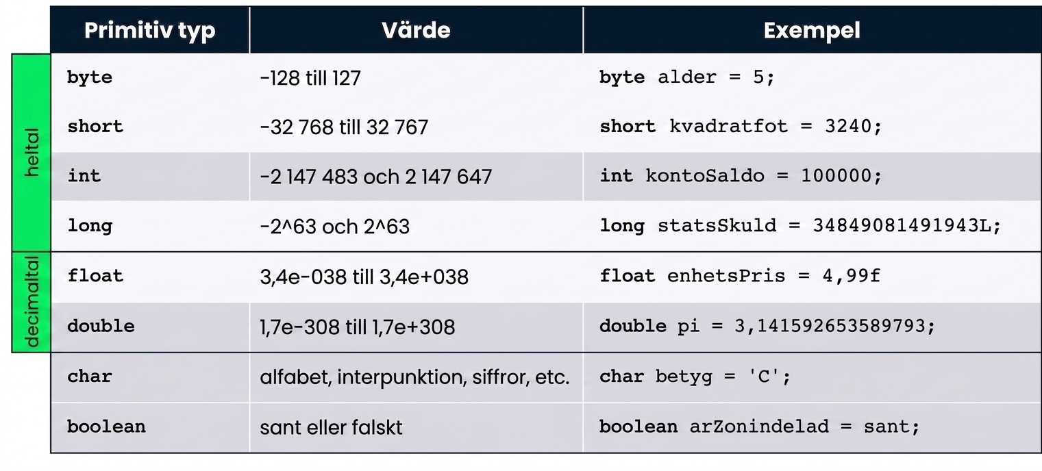 Tabell med översikt över primitiva typer – byte, short, int, long, float, double, char och boolean