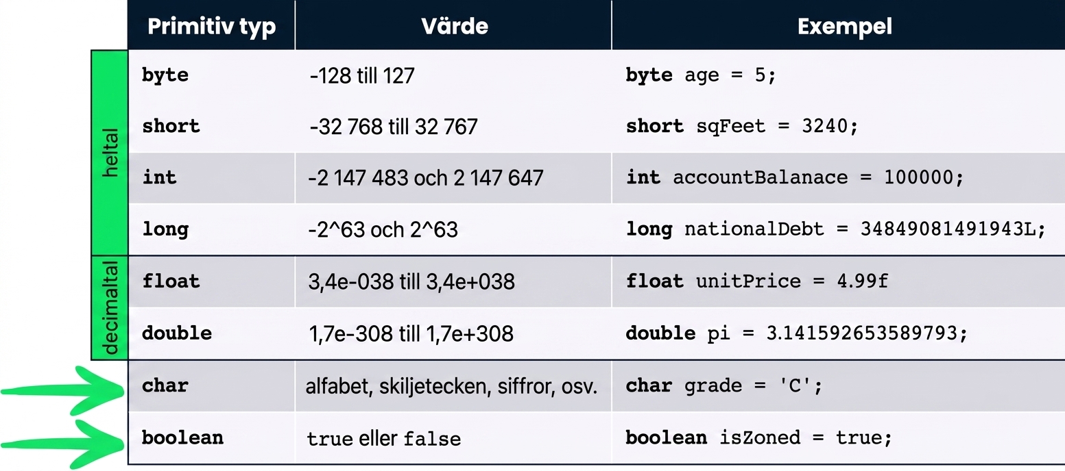 Datatyperna char och boolean