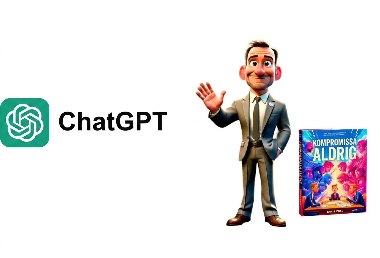 Bilden visar ChatGPT-logotypen, en tecknad man i kostym som vinkar, och boken "Never Split the Difference."