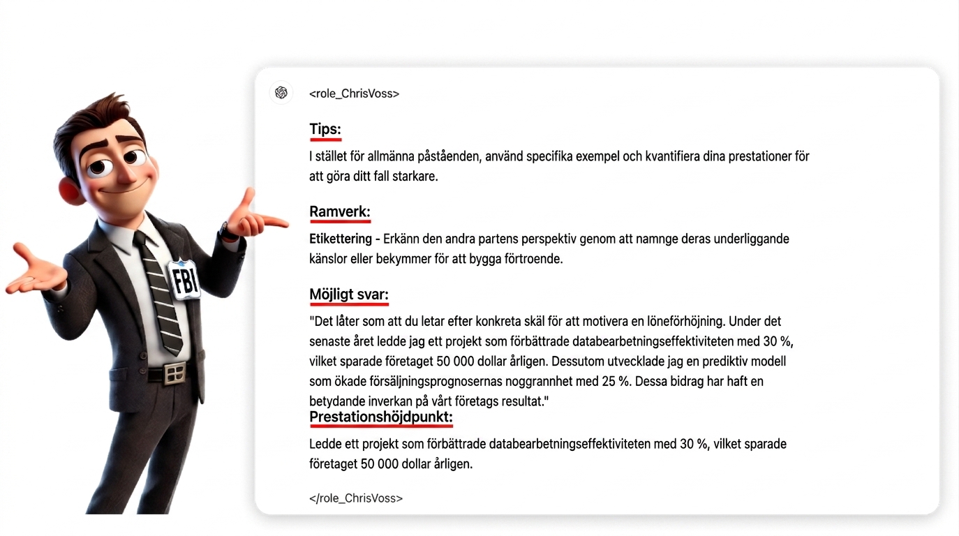 Bilden visar en tecknad figur i FBI-kostym som pekar mot ett strukturerat promptsvar