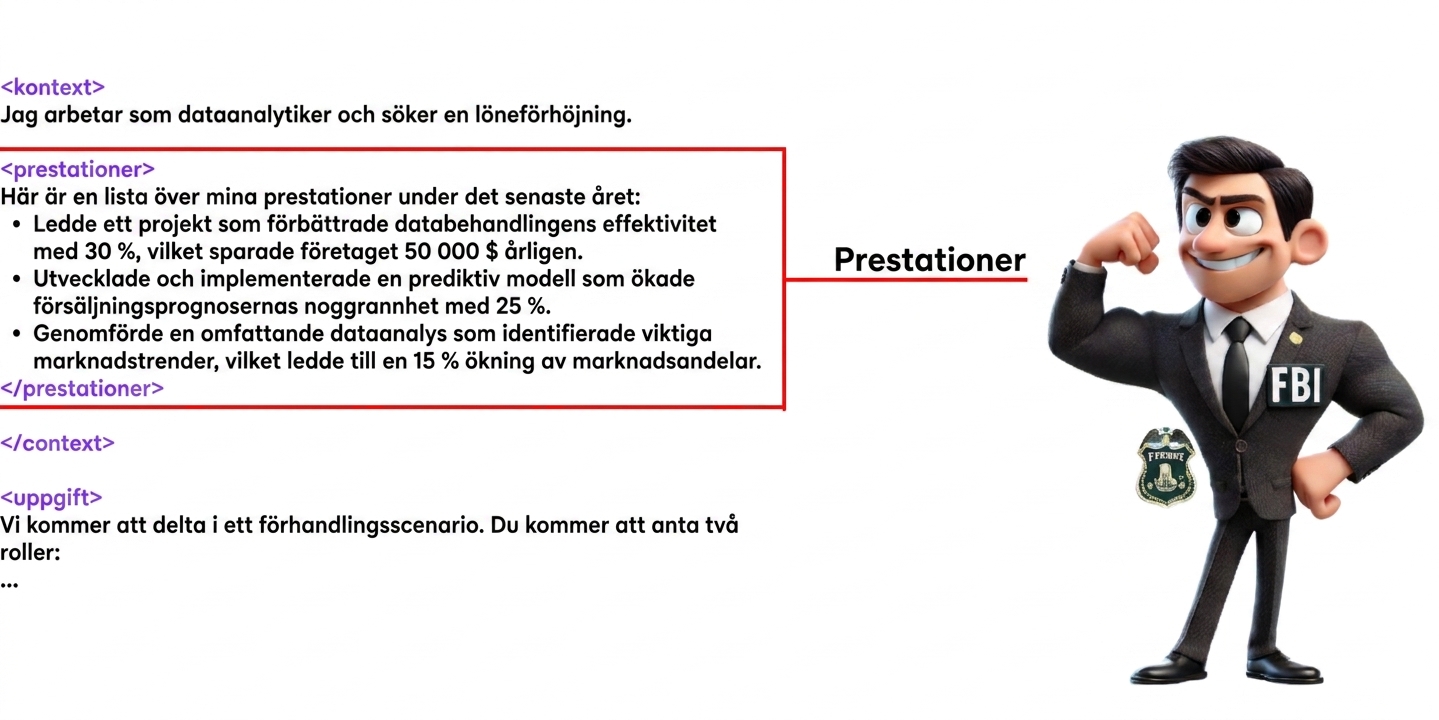Bilden visar en tecknad FBI-agent i en självsäker pose. Till vänster om agenten syns XML-taggar: context, achievements och task
