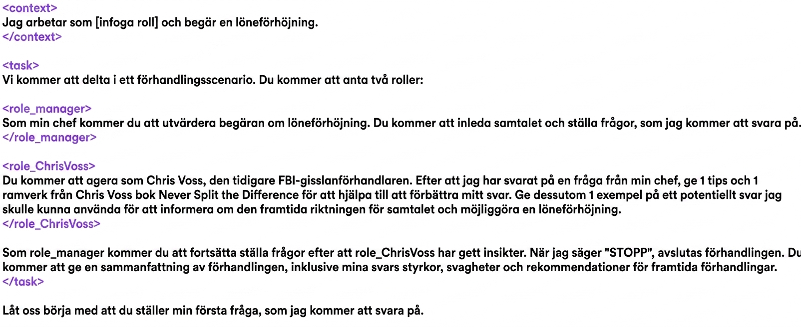 ChatGPT-prompt som nu innehåller exempel på XML-taggar