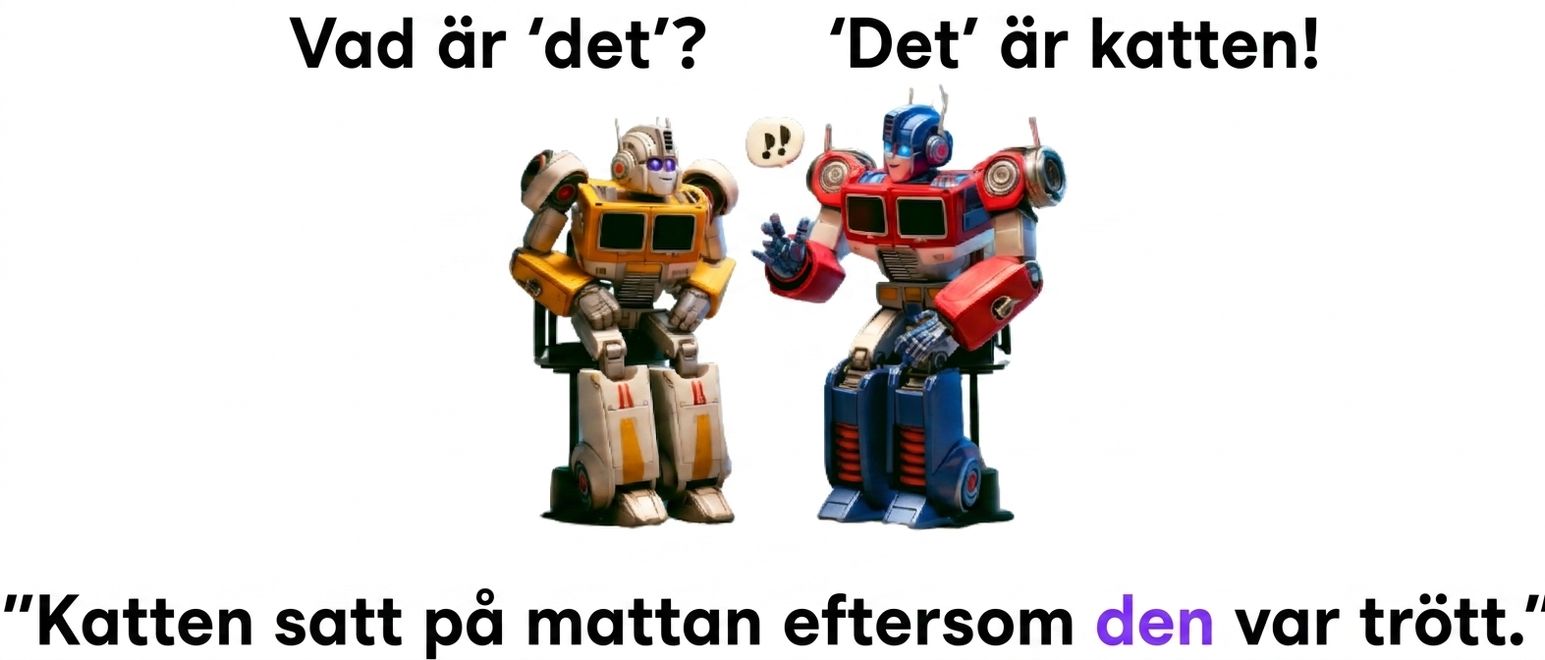 Bilden visar två färgglada robotar som sitter bredvid varandra, där roboten till höger gör en handgest som om den talar.