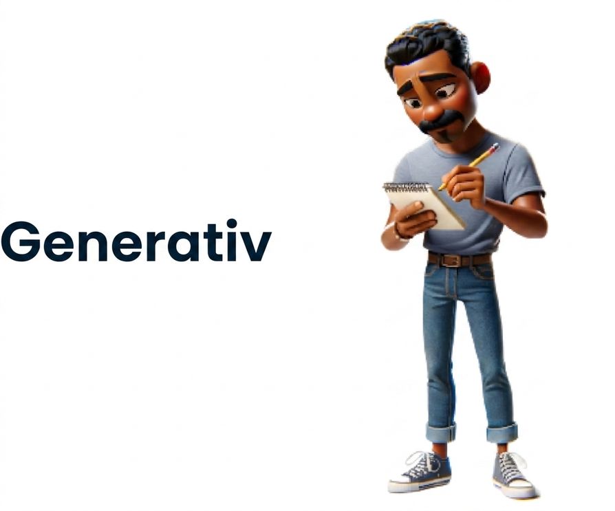 En illustration föreställer en man som skriver i ett anteckningsblock med en penna. Till vänster om honom visas ordet 'Generative'