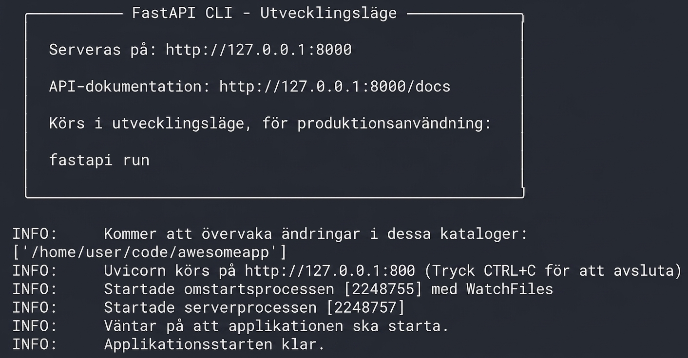 REPL som visar FastAPI igång