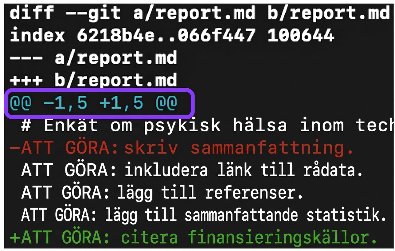 git diff-utdata med en pil som pekar på den femte raden i utdatan med "@@ -1, 5 +1, 5 @@", vilket representerar start- och slutrader för de två versionerna