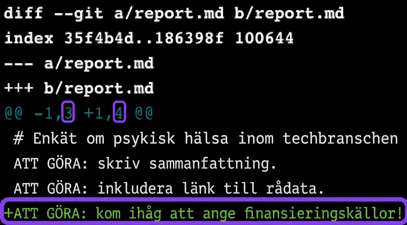 git diff-utdata för den första och tredje senaste commiten – visar att den senaste versionen har en extra rad