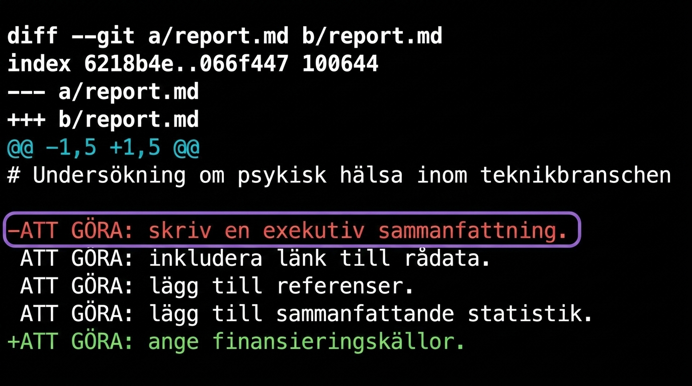 git diff-utdata med en pil som pekar på den femte raden i utdatan med "@@ -1, 5 +1, 5 @@", vilket representerar start- och slutrader för de två versionerna
