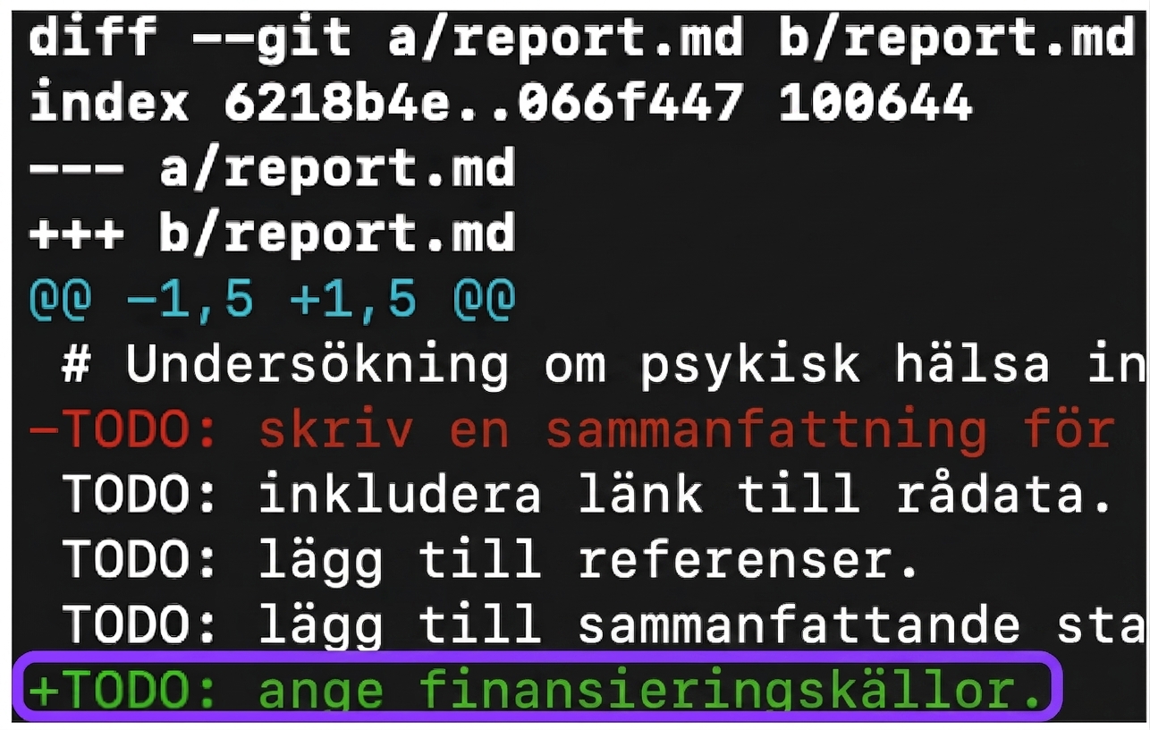 git diff-utdata med annotering som visar att en rad lades till längst ned i grönt