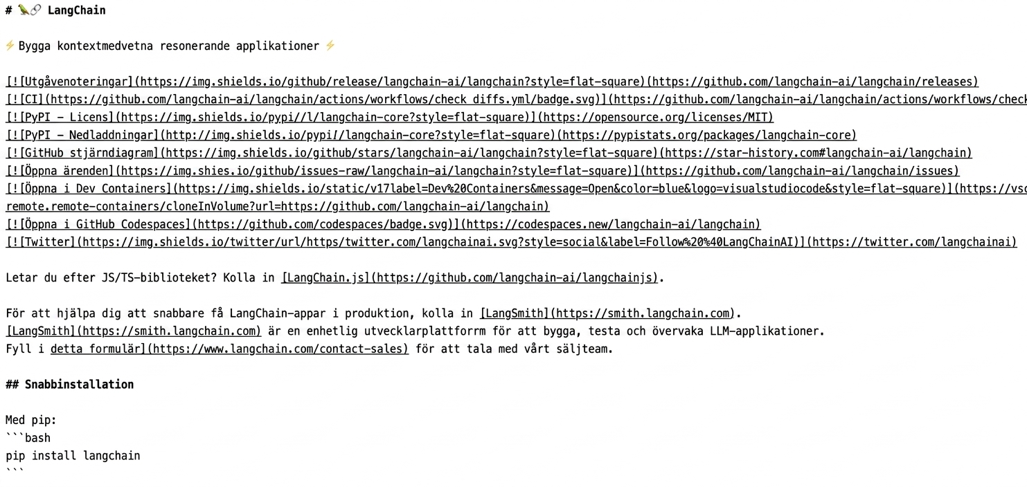 Rå markdown från README-filen i LangChains GitHub-repo.