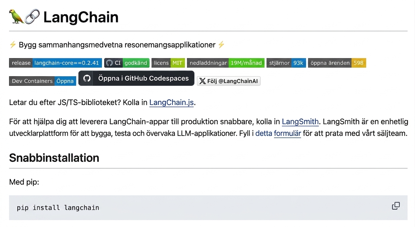 Renderad markdown från LangChains GitHub README.md-fil.