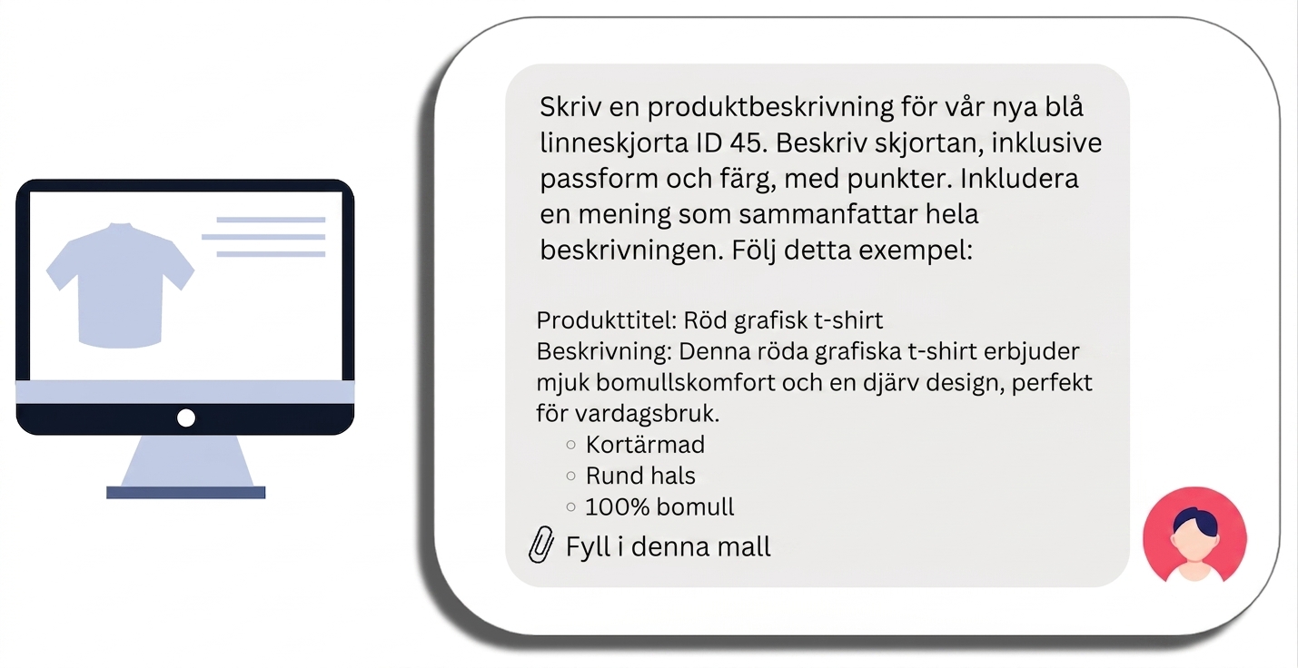 En prompt för en produktbeskrivning av en skjorta med ett specifikt produktnamn, specifika krav, ett exempel och en mall