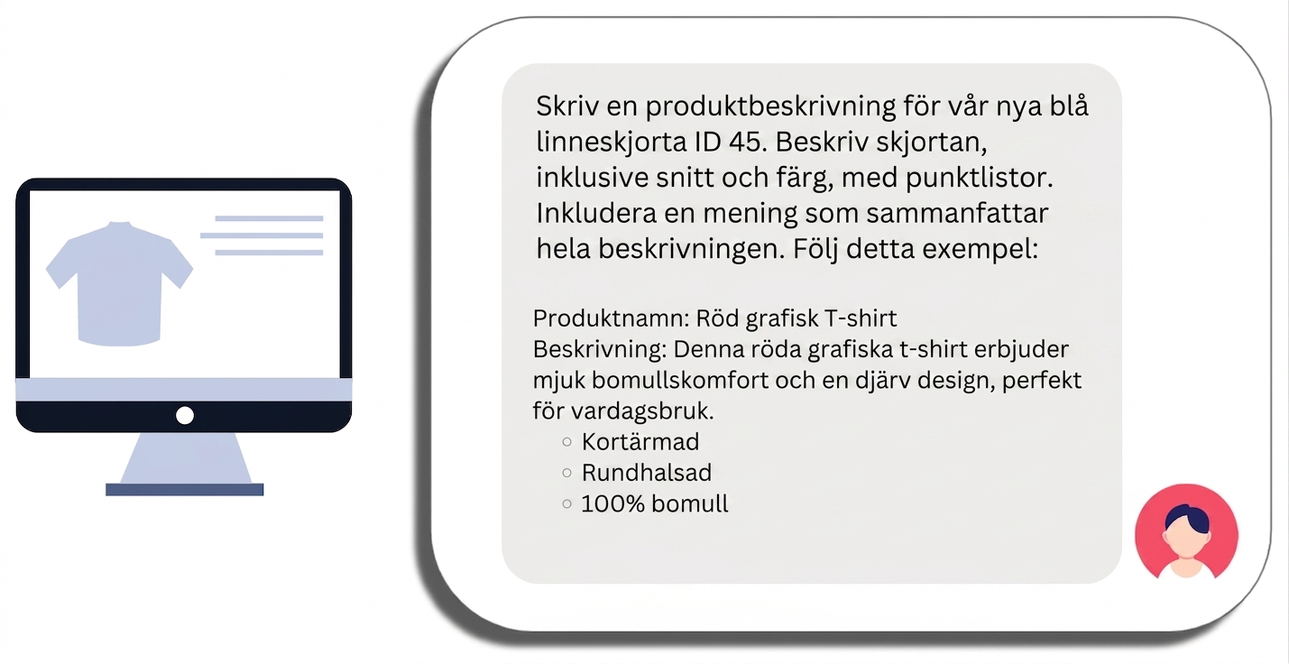 En prompt för en produktbeskrivning av en skjorta med ett specifikt produktnamn, specifika krav och ett exempel