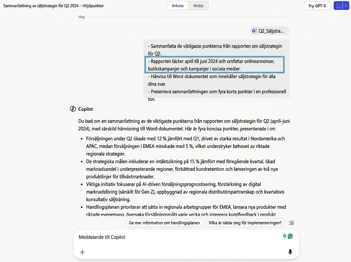 Skärmbild som visar Copilot sammanfatta en säljrapport, med Context-instruktionen markerad för att inkludera olika kampanjtyper