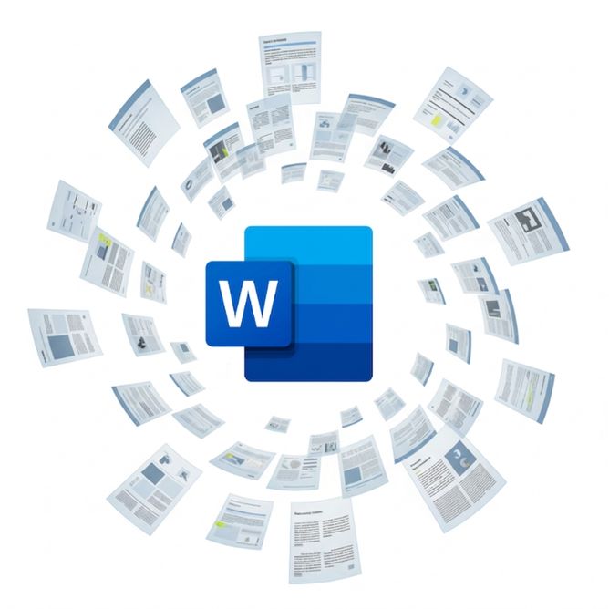 Microsoft Word-logotyp omgiven av flytande dokumentsidor, som symboliserar att skapa och hantera innehåll i Word och PowerPoint
