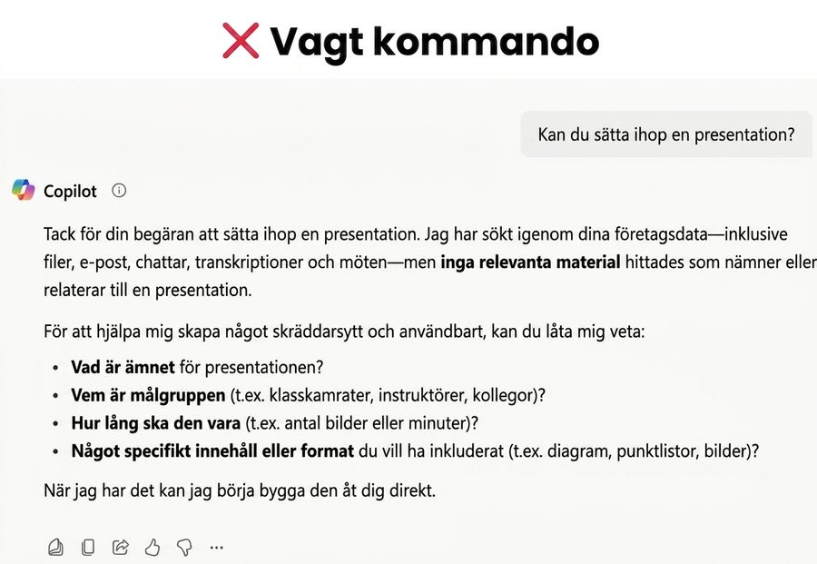Skärmbild som visar specifika prompter i Copilot