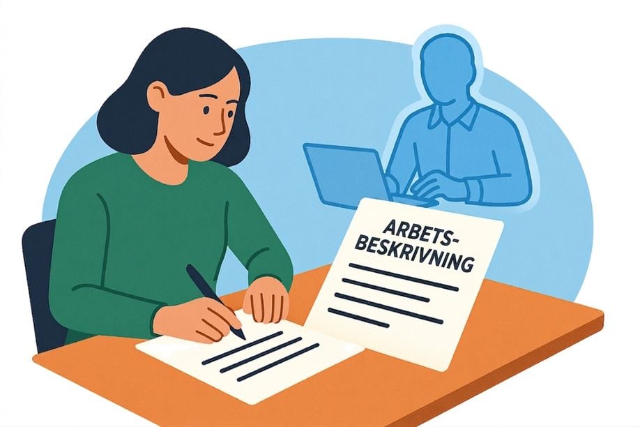 Illustration av en kvinna som skriver på ett dokument märkt "Job Description", som representerar hur man definierar en agents mål, kontext, källor och förväntningar med GCSE-ramverket
