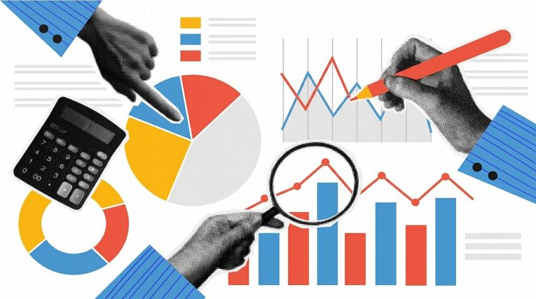 Illustration av händer som använder diagram, grafer och en miniräknare för att analysera data, som symboliserar hur Copilot omvandlar siffror till insikter