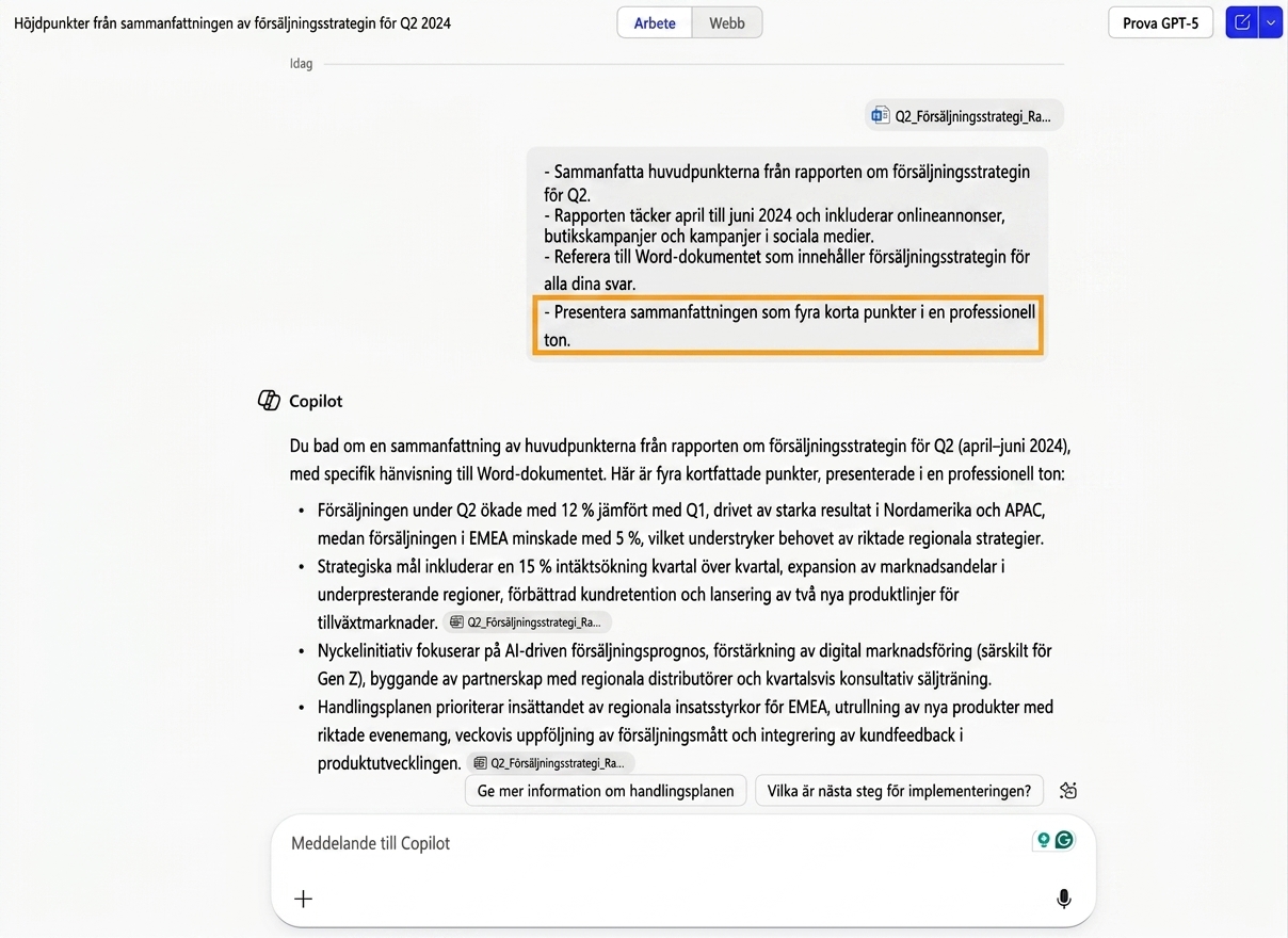 Skärmbild som visar Copilot sammanfatta en säljrapport, med Expectation-instruktionen markerad för att formatera sammanfattningen som punktlistor