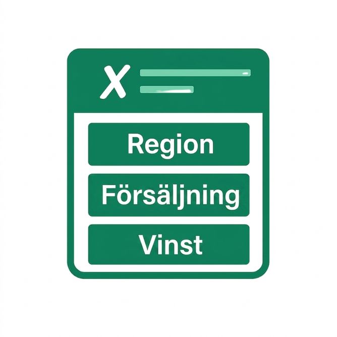 Illustration av ett grönt Excel-ark med märkta kolumner för Region, Försäljning och Vinst, som symboliserar tydlig dataorganisering