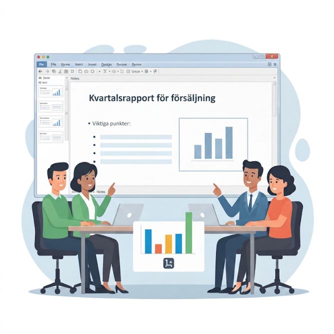 Illustration av personer i ett mötesrum som presenterar diagram märkta "Kvartalsvis försäljningsrapport", som representerar datavisualisering i Word och PowerPoint
