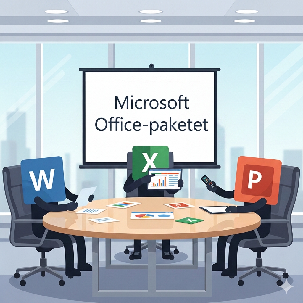 Illustration av figurer från Microsoft Word, Excel och PowerPoint som sitter runt ett mötesbord, vilket symboliserar hur Copilot kopplar samman olika Microsoft-appar för filöverskridande arbete