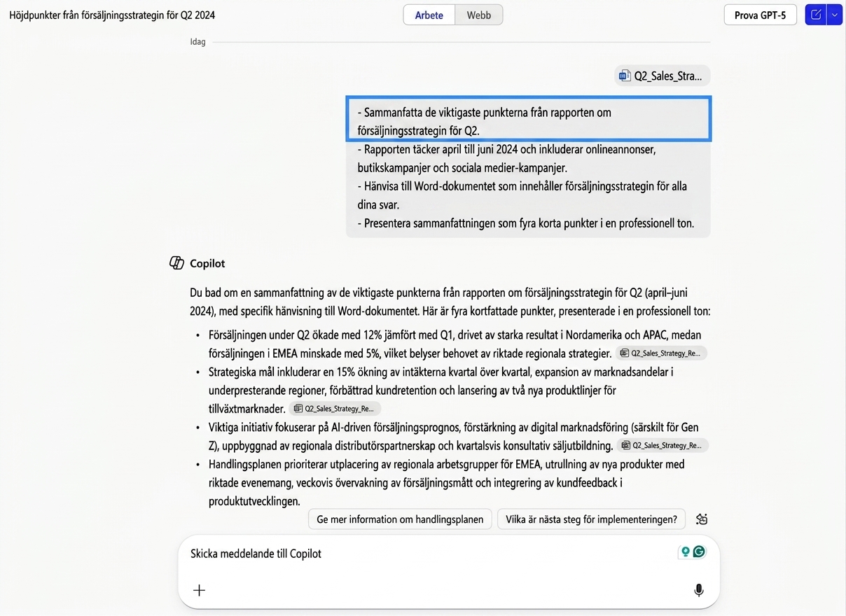 Skärmbild som visar Copilot sammanfatta en säljstrategirapport, med Goal-instruktionen markerad i blått