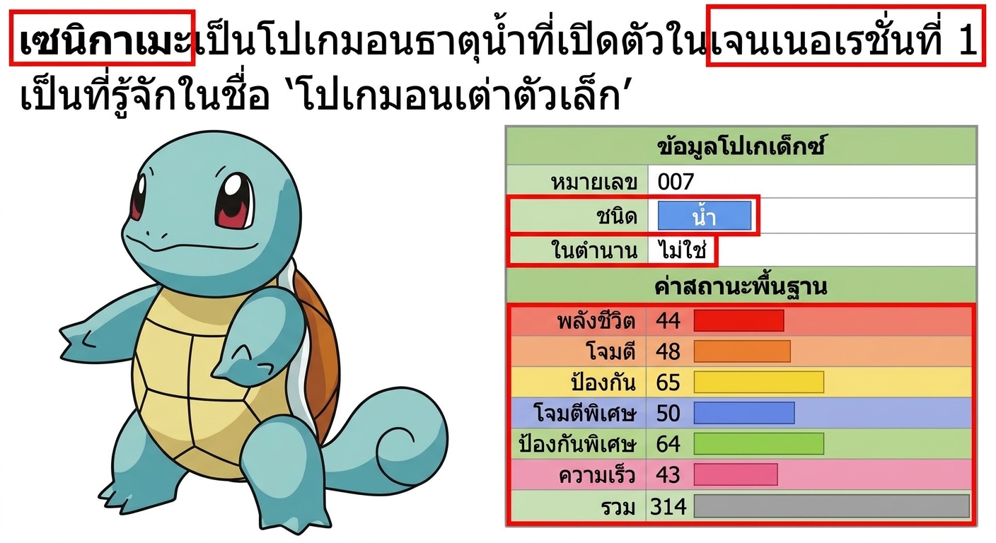 alt="โปเกมอนชื่อ Squirtle พร้อมข้อมูลประกอบ โดยไฮไลต์ฟิลด์ Health Points, Attack, Defense, Special Attack, Special Defense, Speed และ Total"