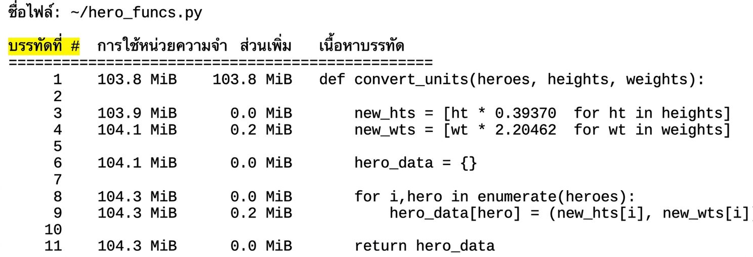 alt="ผลลัพธ์แบบตารางของ magic command mprun สรุปสถิติการโปรไฟล์การใช้หน่วยความจำ โดยไฮไลต์คอลัมน์ Line #"