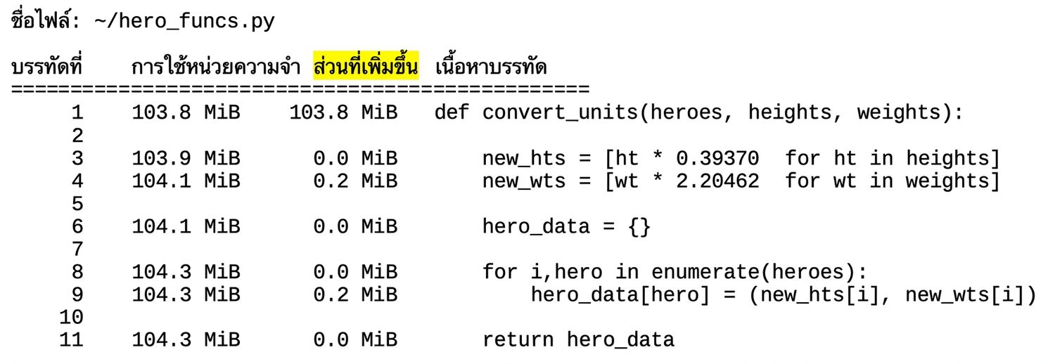 alt="ผลลัพธ์แบบตารางของ magic command mprun สรุปสถิติการโปรไฟล์การใช้หน่วยความจำ โดยไฮไลต์คอลัมน์ Increment"