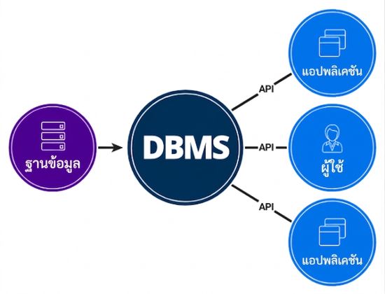 แผนภาพแสดง DBMS ที่เป็นตัวกลางระหว่างฐานข้อมูลกับผู้ใช้งาน