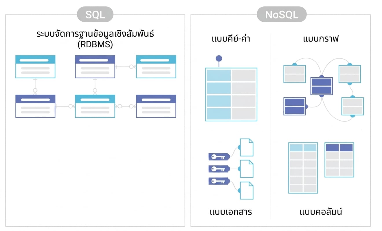 แผนภาพเปรียบเทียบการจัดเก็บของ SQL และ NoSQL DBMS