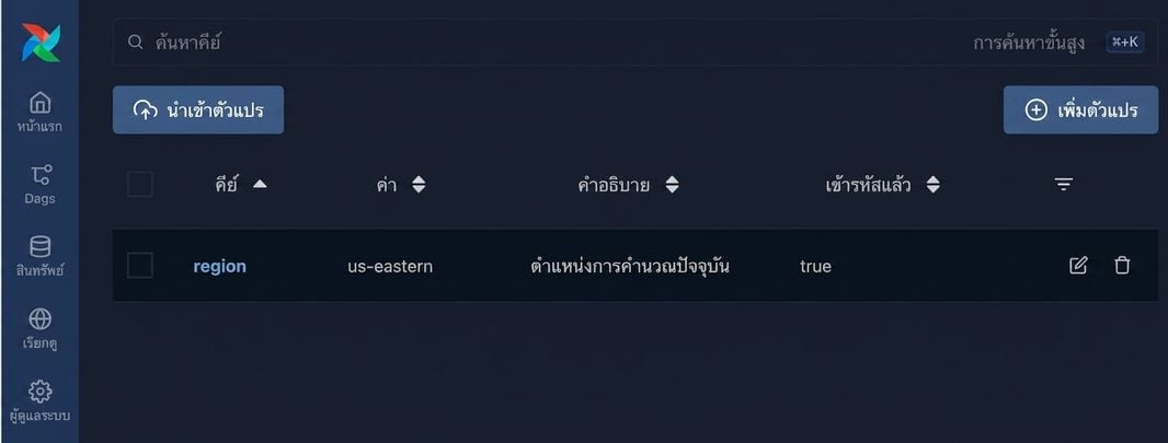 หน้า Airflow Variables แสดง variable ที่กำหนดไว้หนึ่งรายการ
