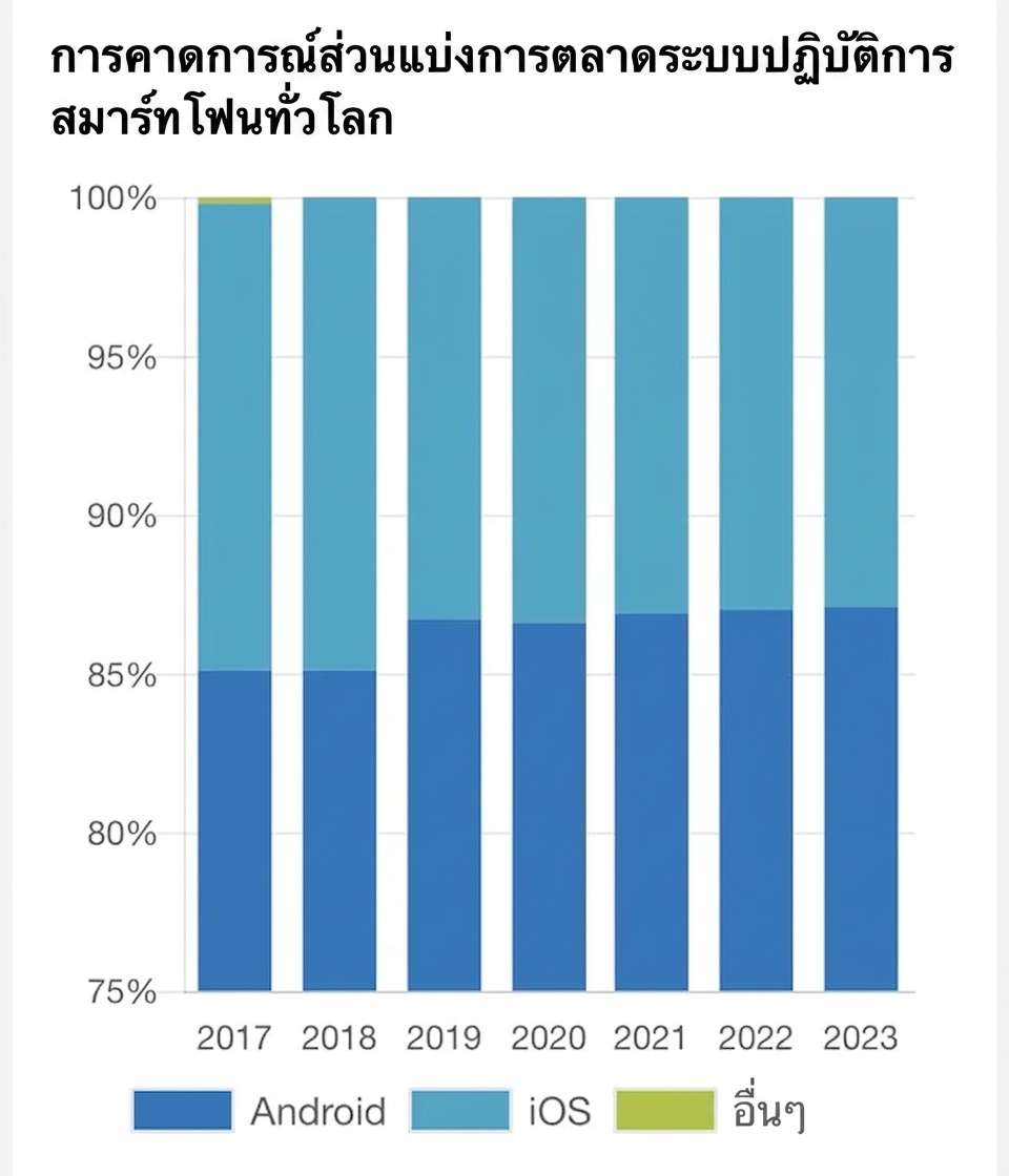 Stacked bar plot จากบริษัทการตลาด แสดงการคาดการณ์ส่วนแบ่งตลาดของแต่ละระบบปฏิบัติการบนมือถือ โดยแกน y เริ่มที่ 75% แทนที่จะเป็นศูนย์