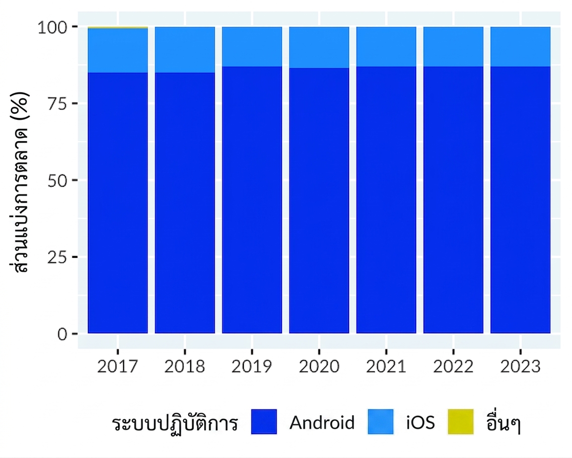 วาด stacked bar plot ระบบปฏิบัติการมือถือใหม่โดยให้แกน y เริ่มจากศูนย์ แสดงให้เห็นความนิยมของ Android ได้ชัดเจนยิ่งขึ้น