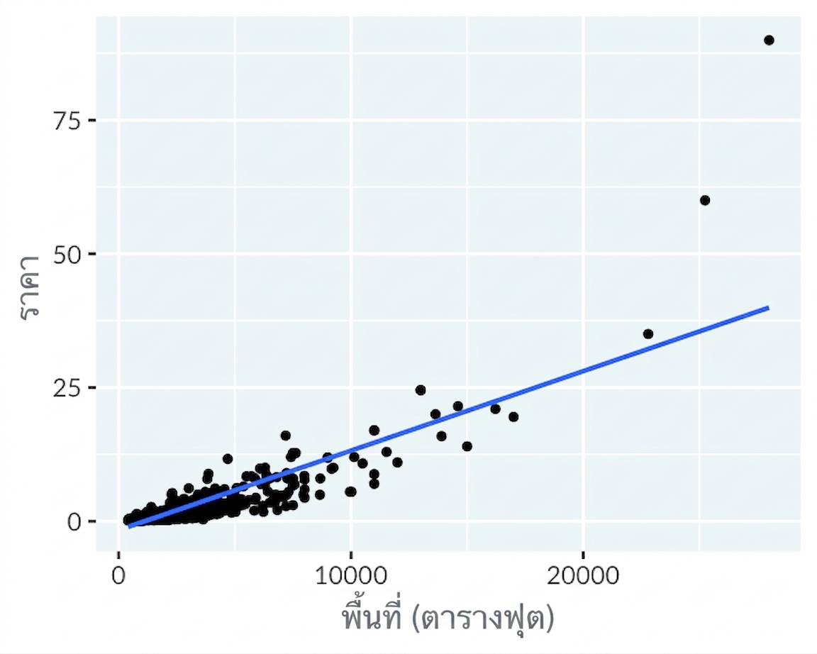 Scatter plot แสดงราคาบ้านใน Los Angeles เทียบกับพื้นที่ โดยใช้สเกลเชิงเส้น พร้อมเส้น trend แบบเชิงเส้นที่ fit ได้ไม่ดี