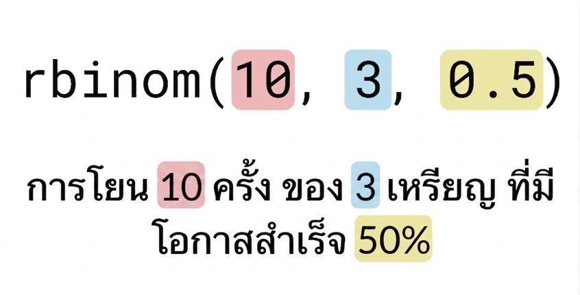 rbinom(10, 3, 0.5) โดย 10 เป็นสีแดง, 3 เป็นสีน้ำเงิน, 0.5 เป็นสีเหลือง ข้อความ: โยน 10 (สีแดง) ครั้งของเหรียญ 3 (สีน้ำเงิน) เหรียญ โอกาสสำเร็จ 50% (สีเหลือง)