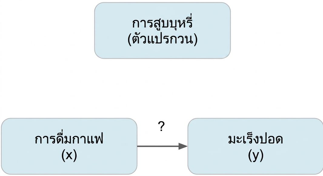 การดื่มกาแฟ (x) ชี้ไปยังมะเร็งปอด (y) โดยมีการสูบบุหรี่ (ตัวแปรกวน) อยู่ด้านบน