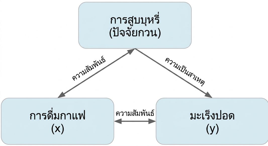 การดื่มกาแฟ (x) มีลูกศรสองทิศทางชี้ไปยังมะเร็งปอด (y) ระบุว่า "ความสัมพันธ์" ลูกศรสองทิศทางระหว่างการสูบบุหรี่กับการดื่มกาแฟ ระบุว่า "ความสัมพันธ์" ลูกศรจากการสูบบุหรี่ไปยังมะเร็งปอด ระบุว่า "การเป็นเหตุ"