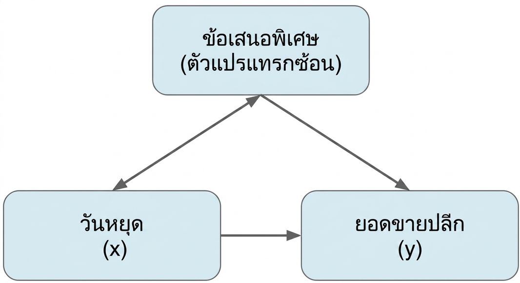 วันหยุด (x) ชี้ไปยังยอดขายปลีก (y) โปรโมชันพิเศษ (ตัวแปรกวน) มีลูกศรสองทิศทางชี้ไปยังวันหยุดและลูกศรเดียวชี้ไปยังยอดขายปลีก