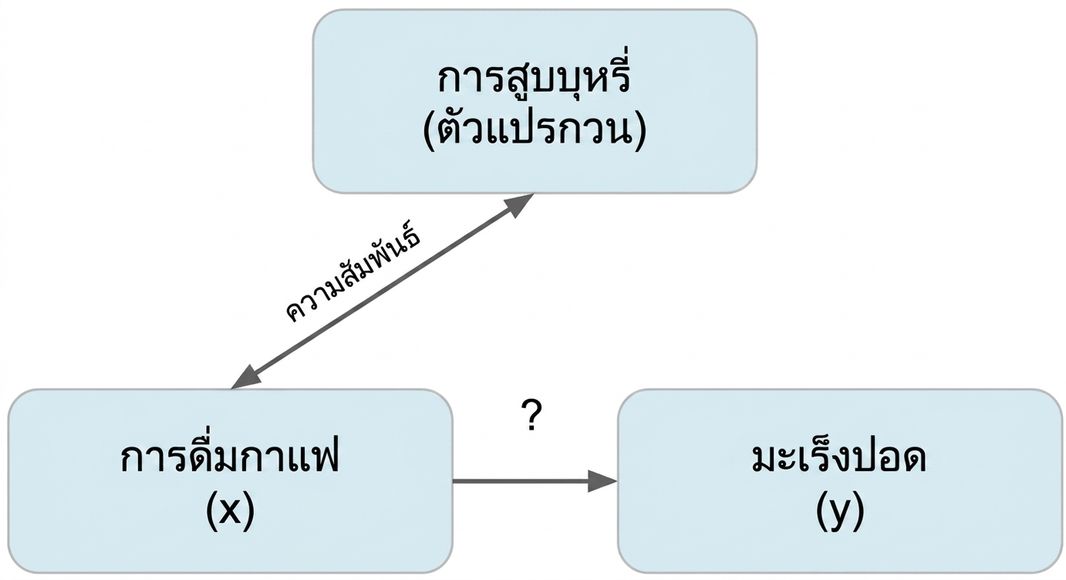 การดื่มกาแฟ (x) ชี้ไปยังมะเร็งปอด (y) โดยมีการสูบบุหรี่ (ตัวแปรกวน) ลูกศรสองทิศทางระหว่างการสูบบุหรี่กับการดื่มกาแฟ ระบุว่า "ความสัมพันธ์"