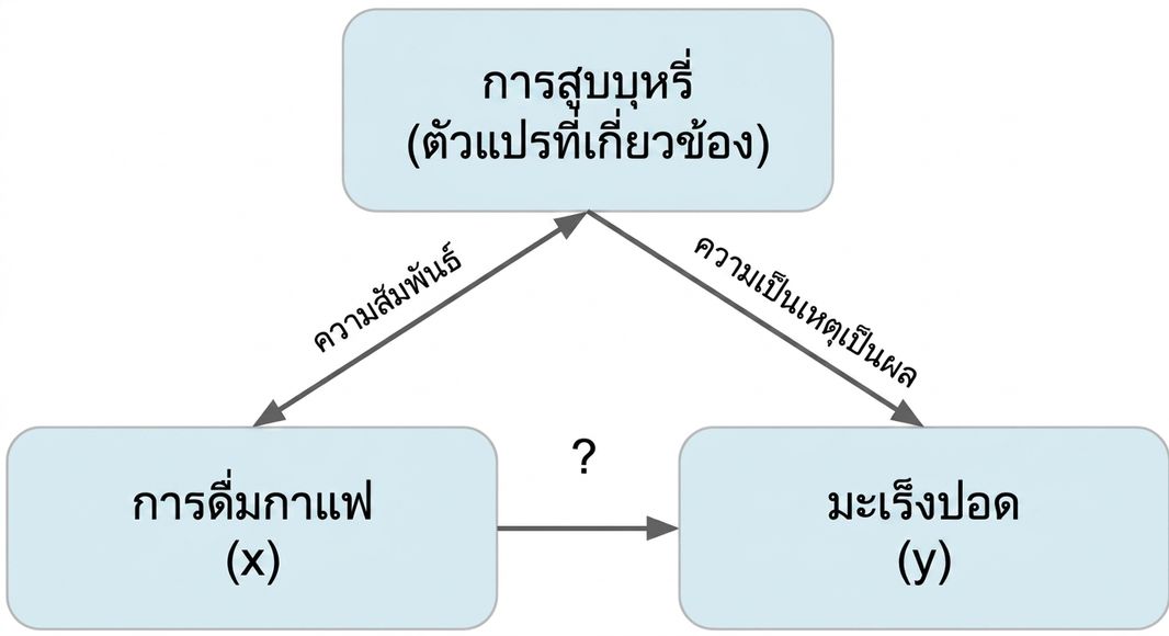 การดื่มกาแฟ (x) ชี้ไปยังมะเร็งปอด (y) โดยมีการสูบบุหรี่ (ตัวแปรกวน) ลูกศรสองทิศทางระหว่างการสูบบุหรี่กับการดื่มกาแฟ ระบุว่า "ความสัมพันธ์" ลูกศรจากการสูบบุหรี่ไปยังมะเร็งปอด ระบุว่า "การเป็นเหตุ"