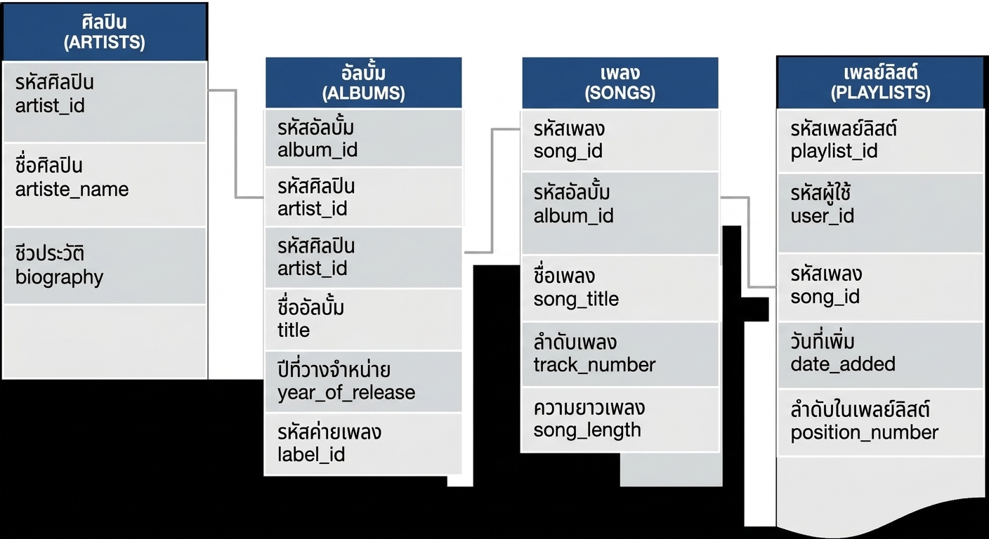 ตาราง playlists เชื่อมกับตาราง songs ผ่าน unique key ชื่อ song