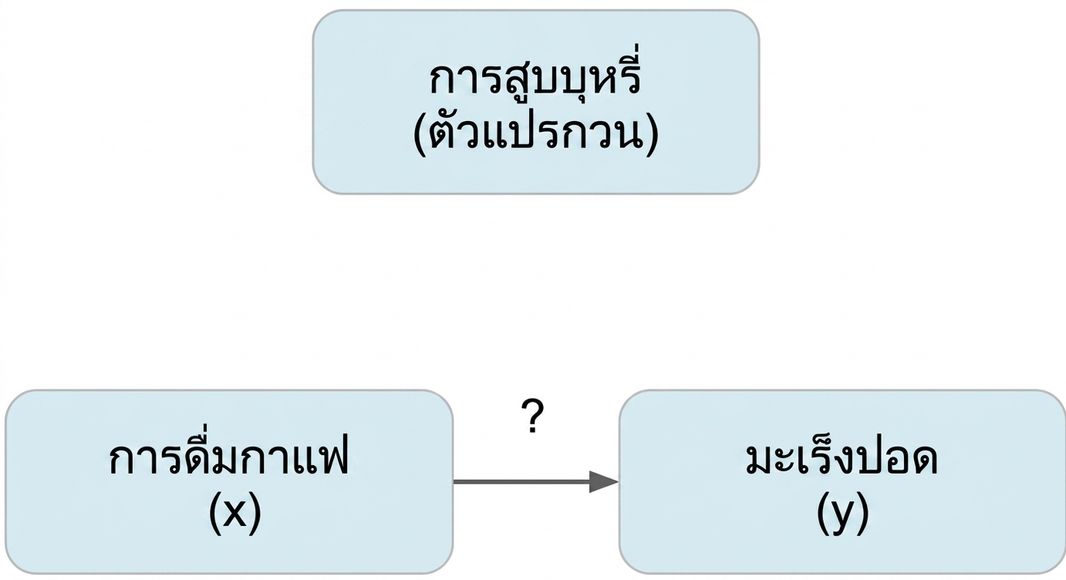 การดื่มกาแฟ (x) ชี้ไปที่มะเร็งปอด (y) โดยมีการสูบบุหรี่ (ตัวแปรกวน) อยู่ด้านบน