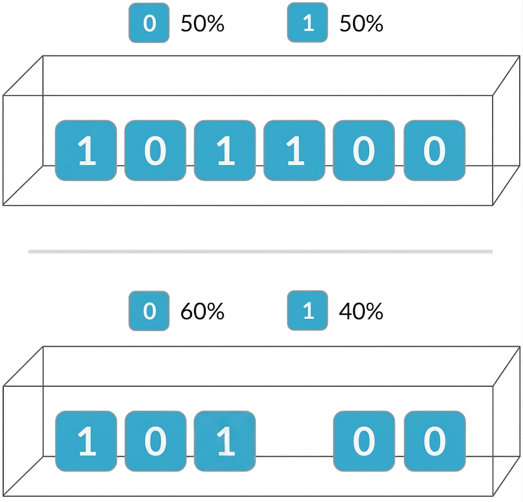 กล่องใส่บัตรที่มี 0 สามใบและ 1 สองใบ โอกาสได้ 0 คือ 60% โอกาสได้ 1 คือ 40%