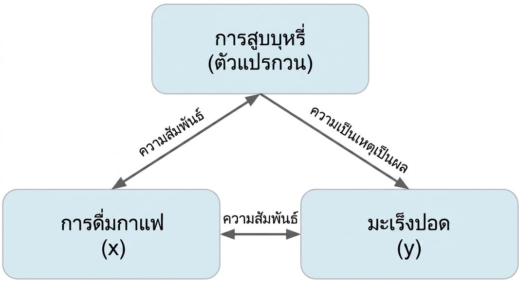 การดื่มกาแฟ (x) มีลูกศรสองทิศทางไปยังมะเร็งปอด (y) ระบุว่า "ความสัมพันธ์" ลูกศรสองทิศทางระหว่างการสูบบุหรี่กับการดื่มกาแฟ ระบุว่า "ความสัมพันธ์" ลูกศรจากการสูบบุหรี่ไปมะเร็งปอด ระบุว่า "ความเป็นเหตุและผล"