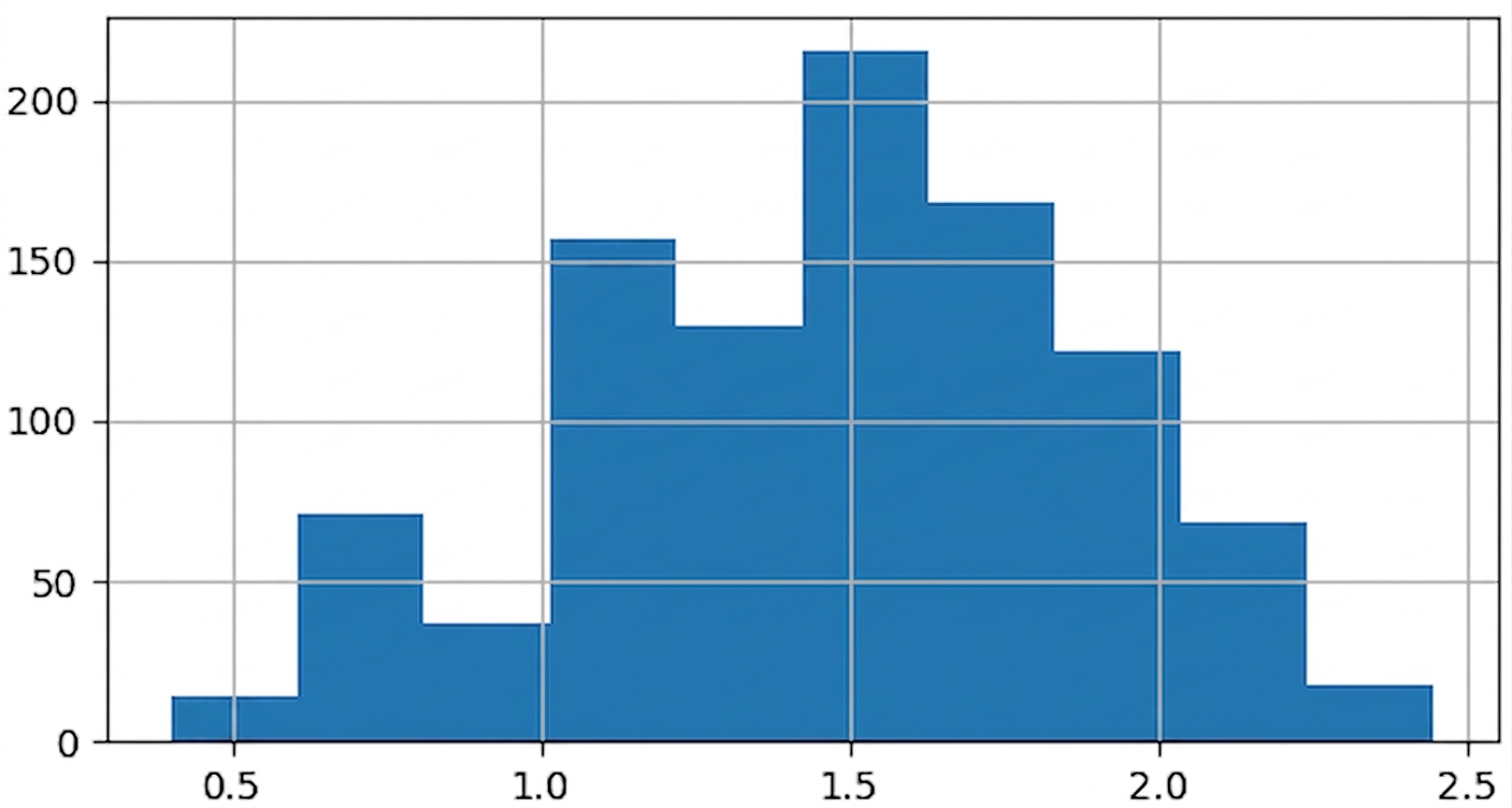 การแจกแจงของส่วนเบี่ยงเบนมาตรฐานของตัวอย่าง 1000 ชุด จากการทอยลูกเต๋า 5 ครั้ง