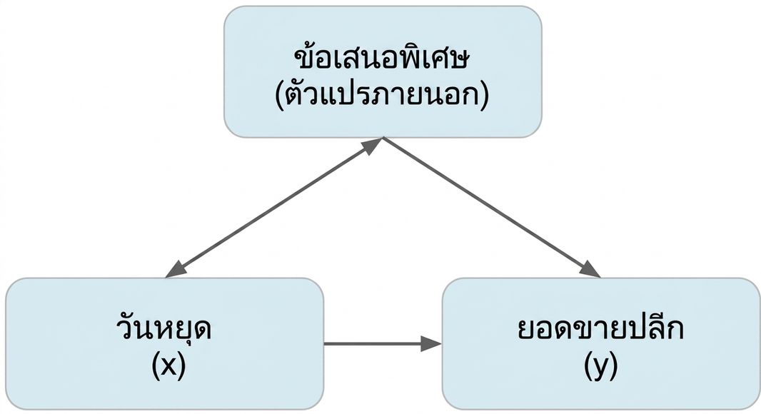 วันหยุด (x) ชี้ไปที่ยอดขายปลีก (y) โปรโมชันพิเศษ (ตัวแปรกวน) มีลูกศรสองทิศทางไปยังวันหยุดและลูกศรทิศทางเดียวไปยังยอดขายปลีก