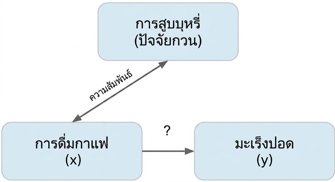 การดื่มกาแฟ (x) ชี้ไปที่มะเร็งปอด (y) โดยมีตัวแปรกวนคือการสูบบุหรี่ ลูกศรสองทิศทางระหว่างการสูบบุหรี่กับการดื่มกาแฟ ระบุว่า "ความสัมพันธ์"