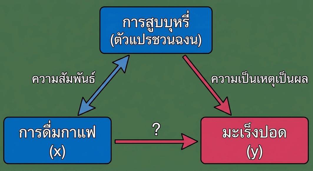 การดื่มกาแฟ (x) ชี้ไปที่มะเร็งปอด (y) โดยมีตัวแปรกวนคือการสูบบุหรี่ ลูกศรสองทิศทางระหว่างการสูบบุหรี่กับการดื่มกาแฟ ระบุว่า "ความสัมพันธ์" ลูกศรจากการสูบบุหรี่ไปมะเร็งปอด ระบุว่า "ความเป็นเหตุและผล"